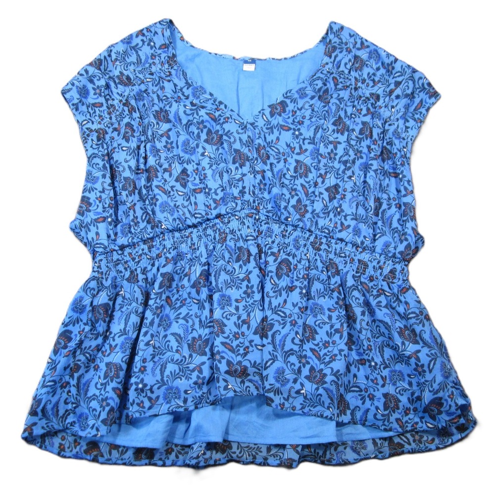 Old Navy Babydoll Top 2X Blue Floral Ruched Dolman Cottagecore Boho Y2K Country